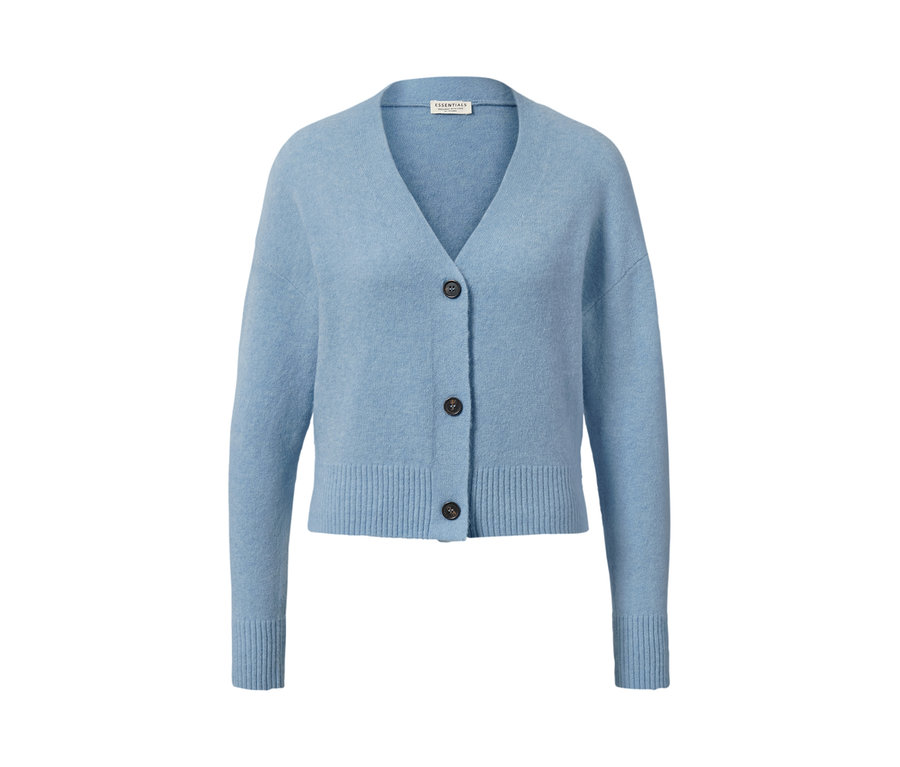 Blauer Grobstrick-Cardigan mit Knöpfen.