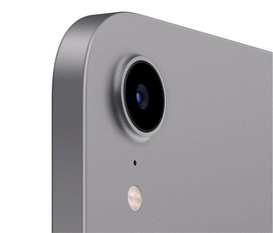 Detailansicht der Kamera und des Blitzes eines grauen Tablets. Apple iPad mini 2021 8,3" 256 GB, space-grau ist sichtbar.