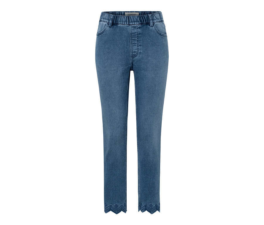 Blaue 7/8-Treggings mit Lochstickerei am Saum.