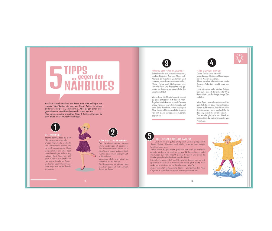 Zeitschriftenseite mit Tipps gegen Näh-Blues. Das Buch "Näh doch einfach" wird auf Deutsch vorgestellt.