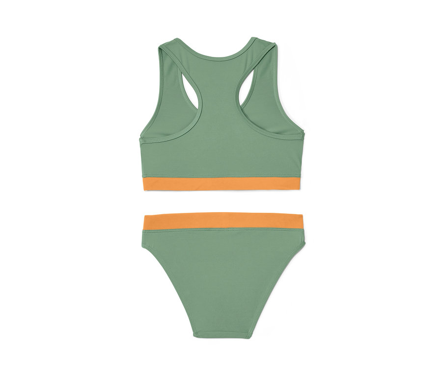 Grün-orangefarbenes Kinder-Bikini-Set, 3-teilig.