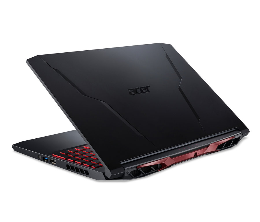 Detailansicht des Acer Nitro 5 AN515-57-54LL Gaming-Notebooks mit schwarzem Gehäuse und rot beleuchteter Tastatur.