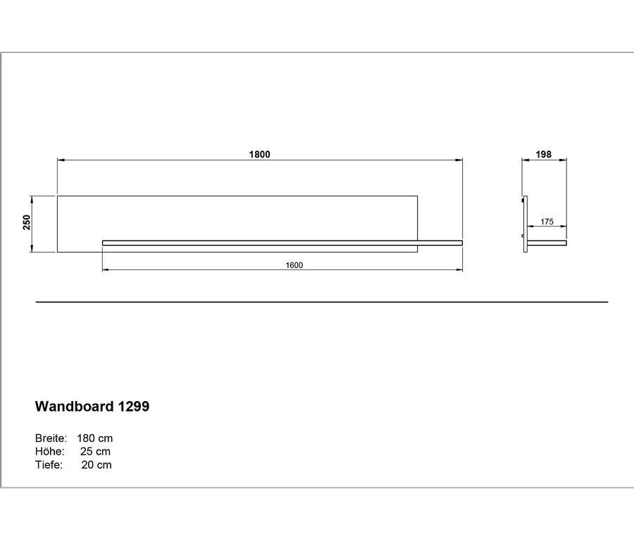 Technische Zeichnung des Wandboards »Cantoria« mit Maßangaben.