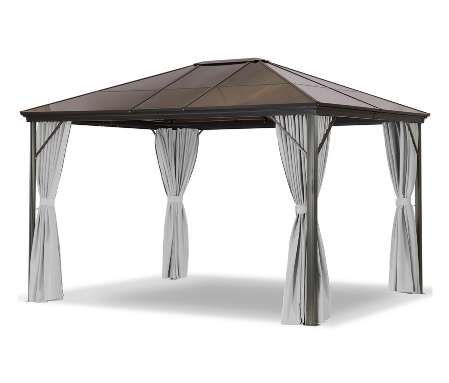 Ein hellgrauer Profi-Pavillon, 300 x 365 cm.