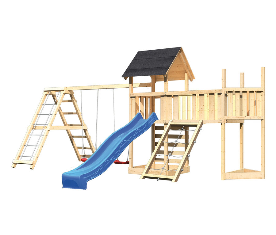 Karibu Kinderspielturm-Mega-Set »Lotti« mit Doppelschaukel, Rutsche, Anbauplattform und Klettergerüst.