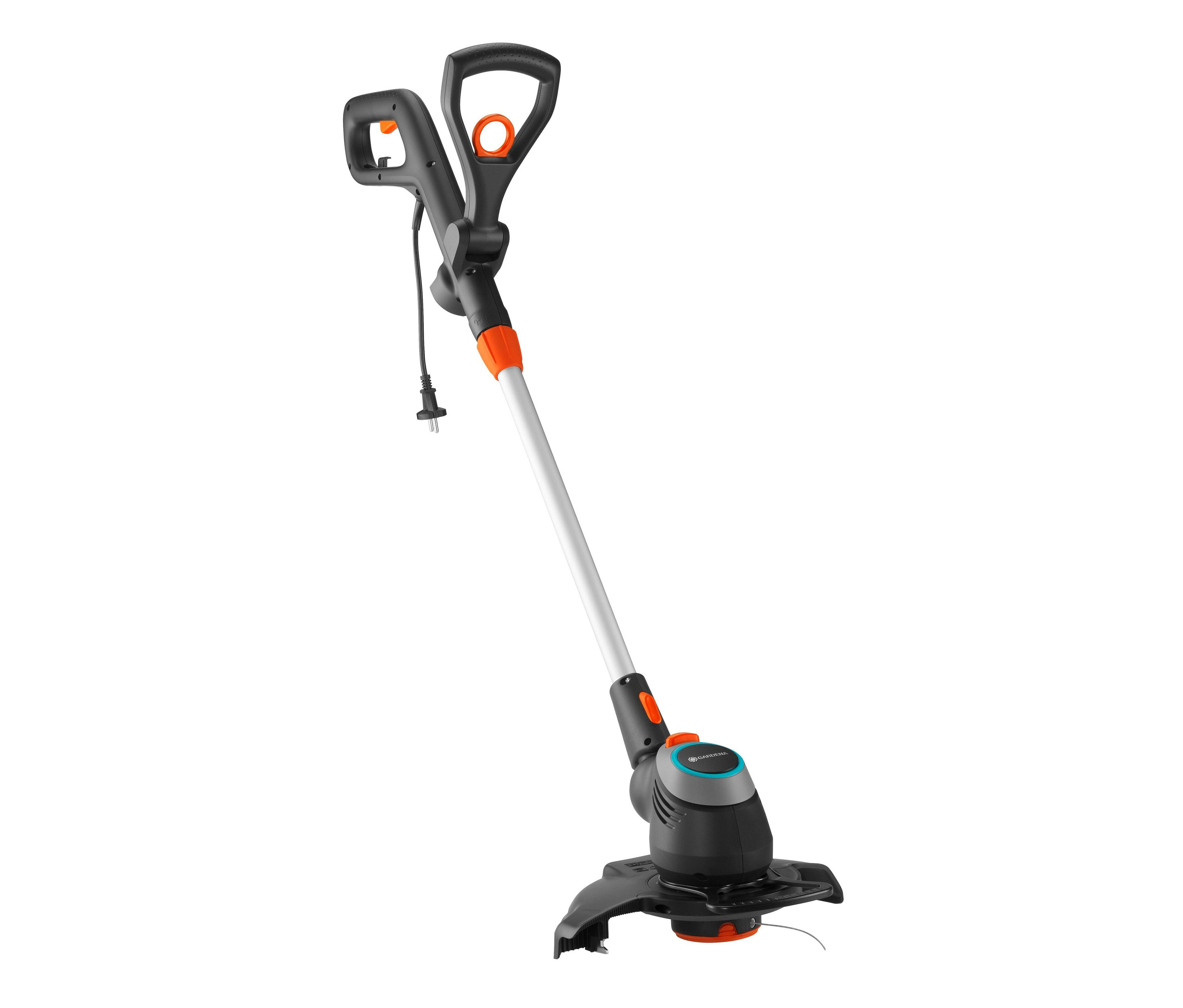 Gardena Elektro-Rasentrimmer PowerCut 650/28 mit schwarzem Griff und silberner Stange.