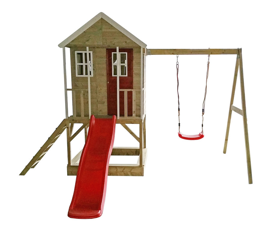 Ein Wendi Spielhaus »Alpaka« mit roter Rutsche und Schaukel.