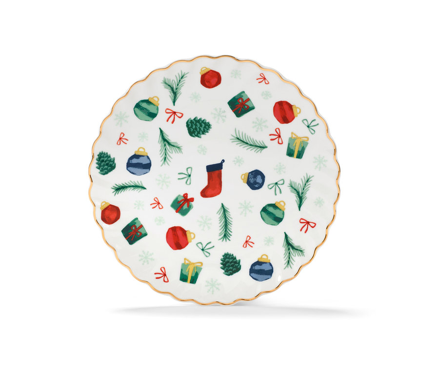 Ein weißer Dessertteller mit Weihnachtsmotiven und Golddekor.