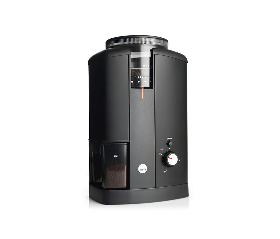 Schwarze Wilfa Kaffeemühle »Svart Aroma« von vorn.