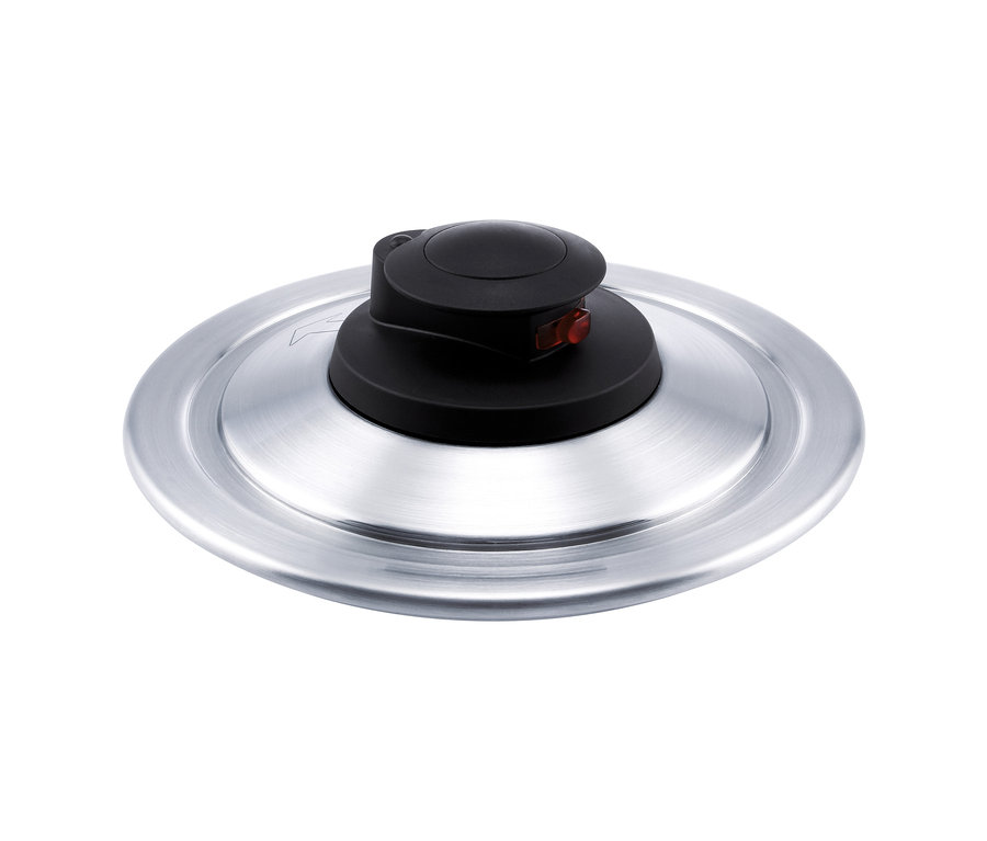 Deckel des Chromolit Hybrid-Kochtopfs mit silbernem Metallrand und schwarzem Knopf oben.