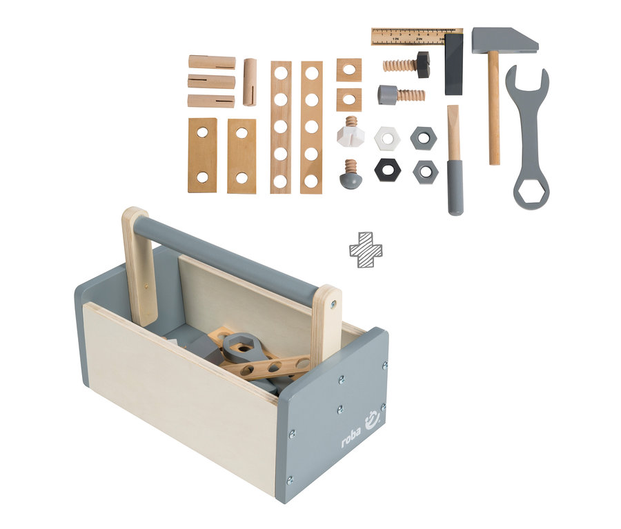 Ein roba Werkzeugkiste, 22-teilig, gefüllt mit Werkzeugen wie Hammer, Schraubenschlüssel und Schraubenzieher.