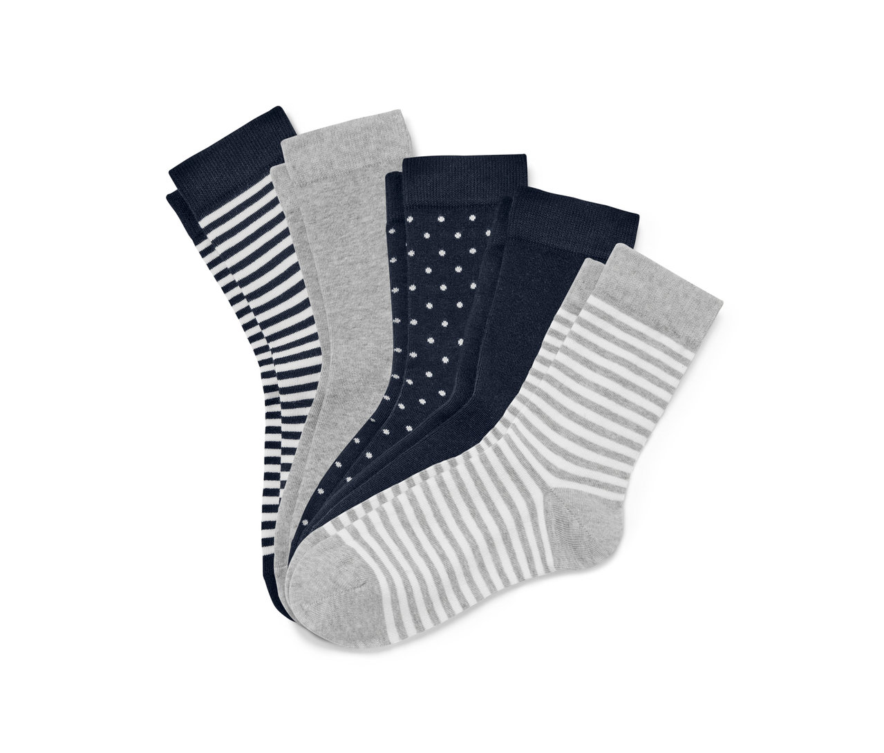 Fünf Paar Socken in verschiedenen Designs.