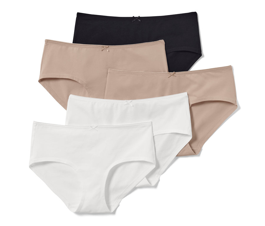 Detail von fünf Pantys: eine schwarze, zwei beige und zwei weiße.