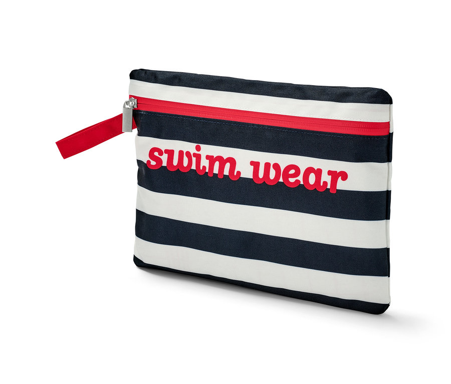 Gestreifter Nassbeutel mit rotem Reißverschluss und dem Schriftzug swim wear.