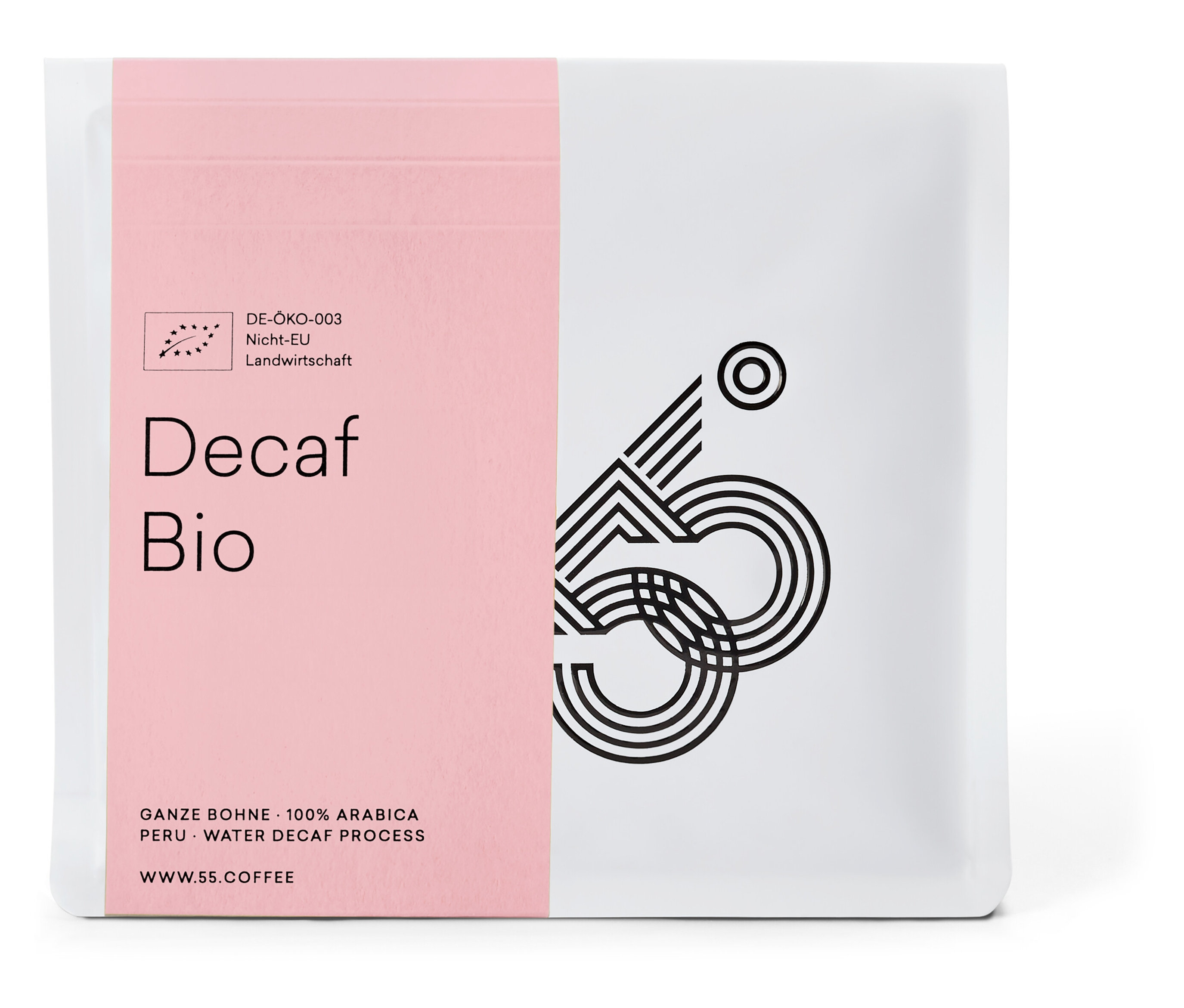 Eine Packung 55 Degrees – Decaf Omni Roast Bio, entkoffeiniert – 250 g Ganze Bohne.