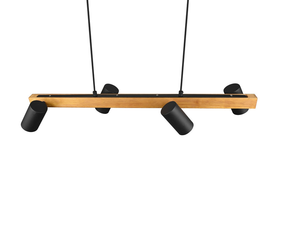Schwarze Trio Pendelleuchte »Marley« mit vier zylindrischen Strahlern an einem Holzbalken.