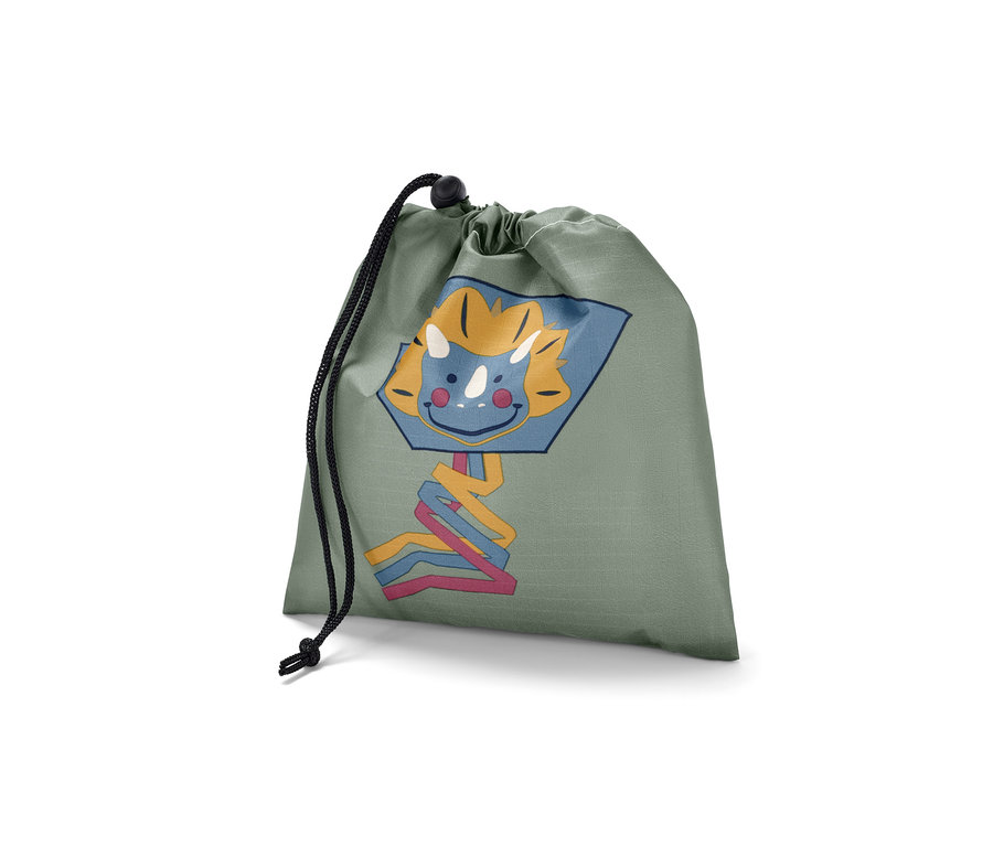 Ein grüner Taschendrachen-Beutel mit Kordelzug und Cartoon-Gesicht.