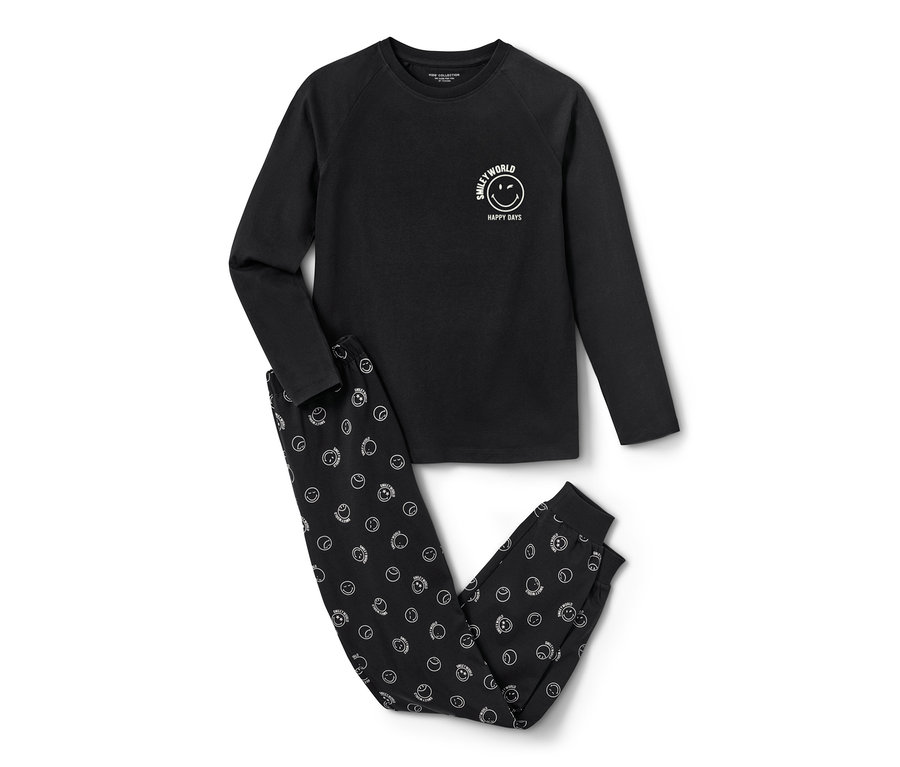 Schwarzer 2 Kinder-Pyjamas »Smiley« mit langärmligem Oberteil und Hose mit Smiley-Print.