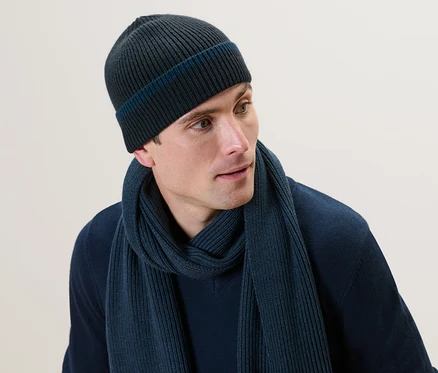 Mann trägt eine Strickmütze und einen Schal.