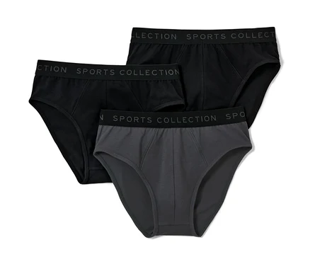 Drei Slips: zwei schwarze und ein grauer. Alle haben den Schriftzug SPORTS COLLECTION.