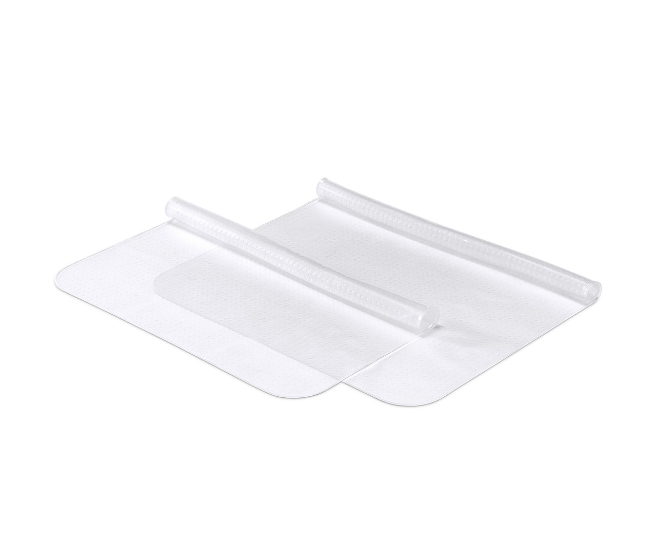 Zwei 2 Silikon-Frischhaltefolien liegen aufgerollt auf einem weißen Hintergrund.