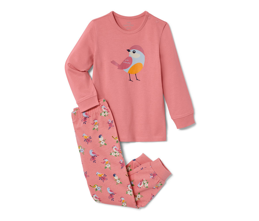 Rosa 2 Kleinkind-Pyjamas mit Vogelmuster.
