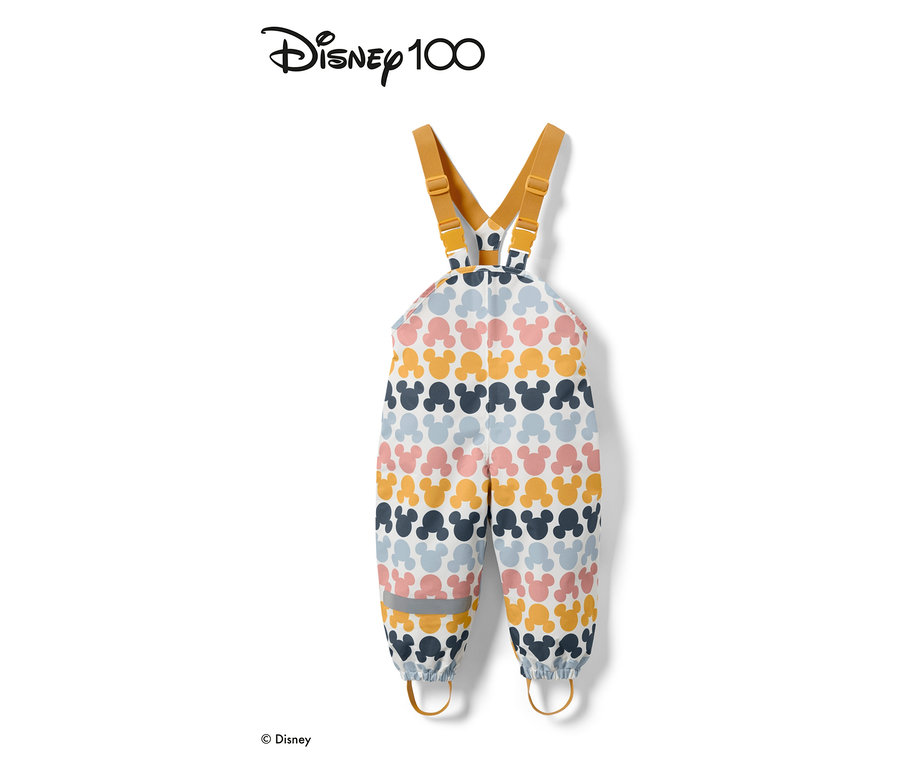 Mehrfarbige Kleinkind-Thermo-Regenhose »Micky« mit Mickey Mouse Muster und gelben Trägern.