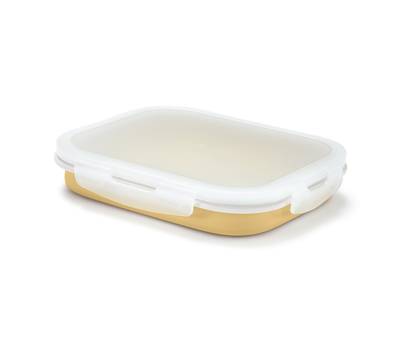 Gelbe, faltbare Frischhaltedose mit transparentem Deckel.