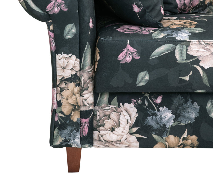 Detailansicht der linken Seite der Recamiere »Evelyn« mit Blumenmuster.