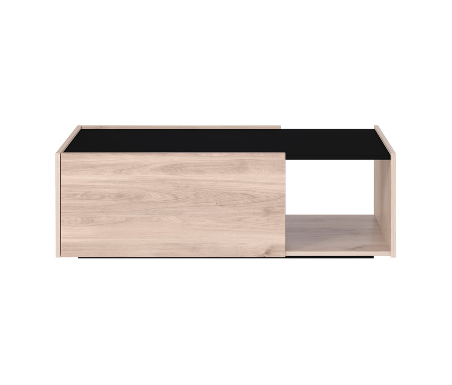 Detailansicht eines hellen Holz- und schwarzen Cantoria-Couchtisches.