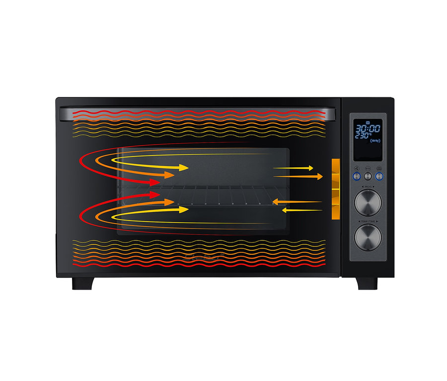 Illustration des Innenraums eines schwarzen Steba Digitaler Grillbackofens »KB E300« mit Heißluftzirkulation.