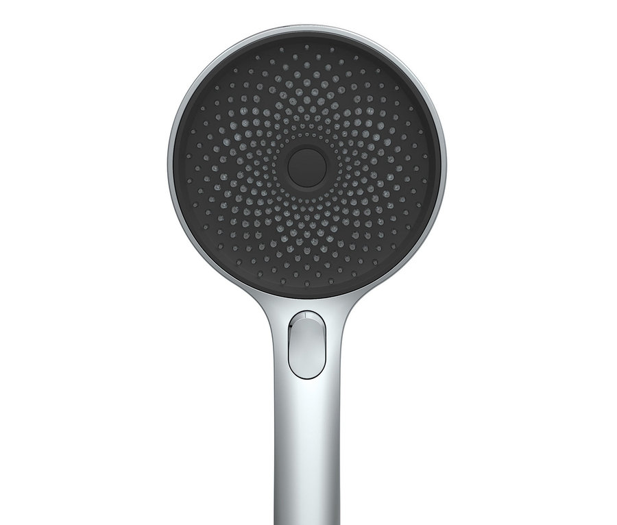 Silberne Handbrause Schütte Duschsystem Samoa Rain vor weißem Hintergrund.