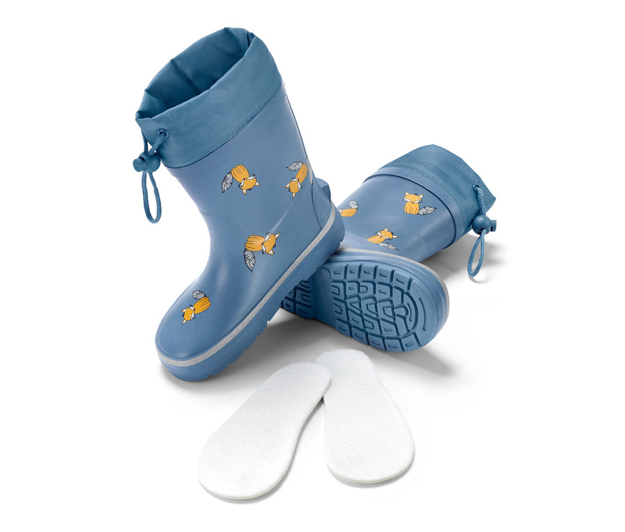 Blaue Kleinkind-Regenstiefel mit Fuchsmuster und Einlegesohlen.