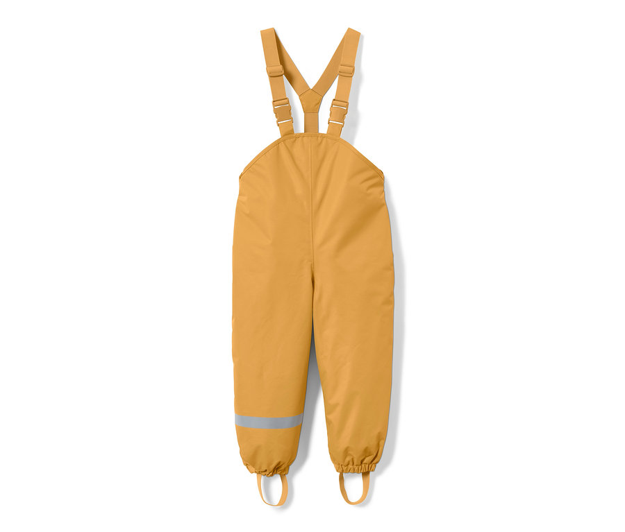 Gelbe Kinder-Thermo-Regenhose mit Latz und reflektierendem Streifen am Hosenbein.
