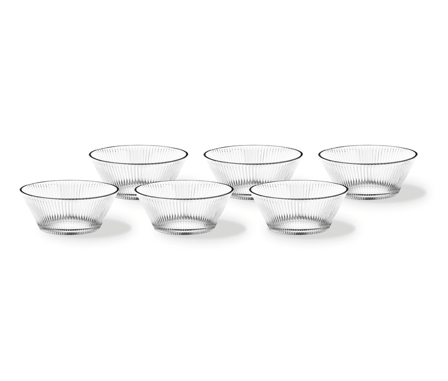 Sechs transparente Nachtmann Aperitivo-Schalen, 6er-Set, sind in zwei Reihen auf einem weißen Hintergrund angeordnet.