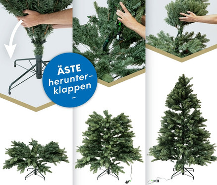 Montage eines künstlichen Weihnachtsbaums mit LED-Lichterkette.