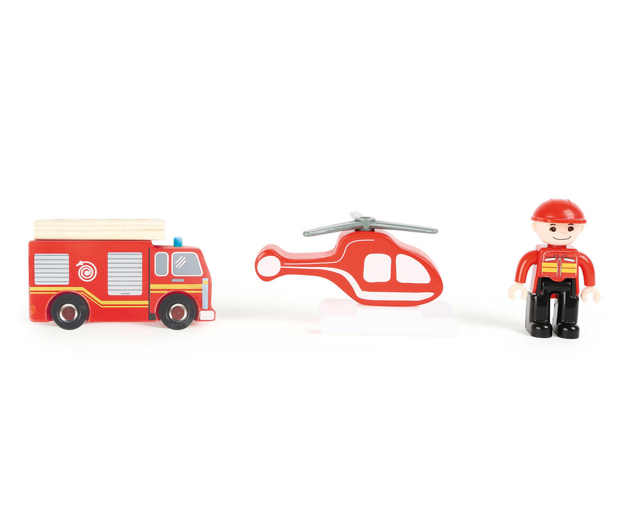 Ein Feuerwehrauto, ein Hubschrauber und eine Feuerwehrmann-Figur auf weißem Hintergrund.