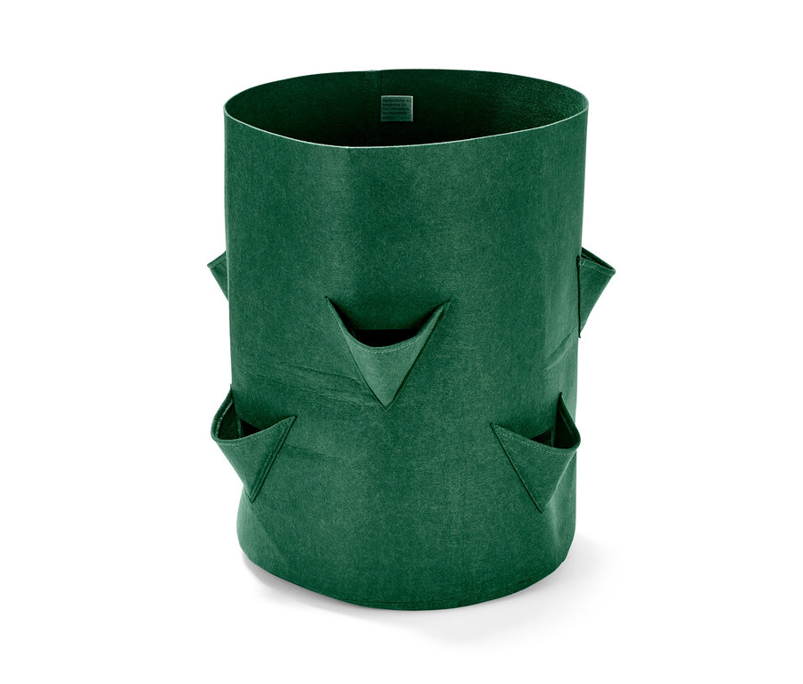 Eine grüne Erdbeeren-Pflanztasche mit drei Seitentaschen.