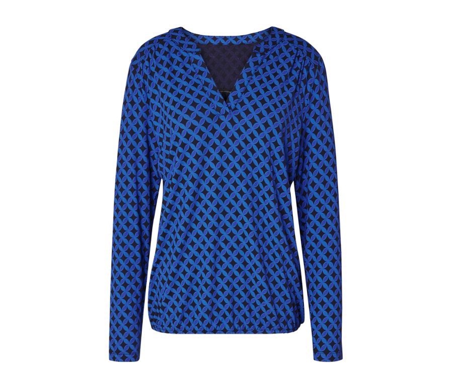 Kobaltblaues, bedrucktes Blusenshirt.
