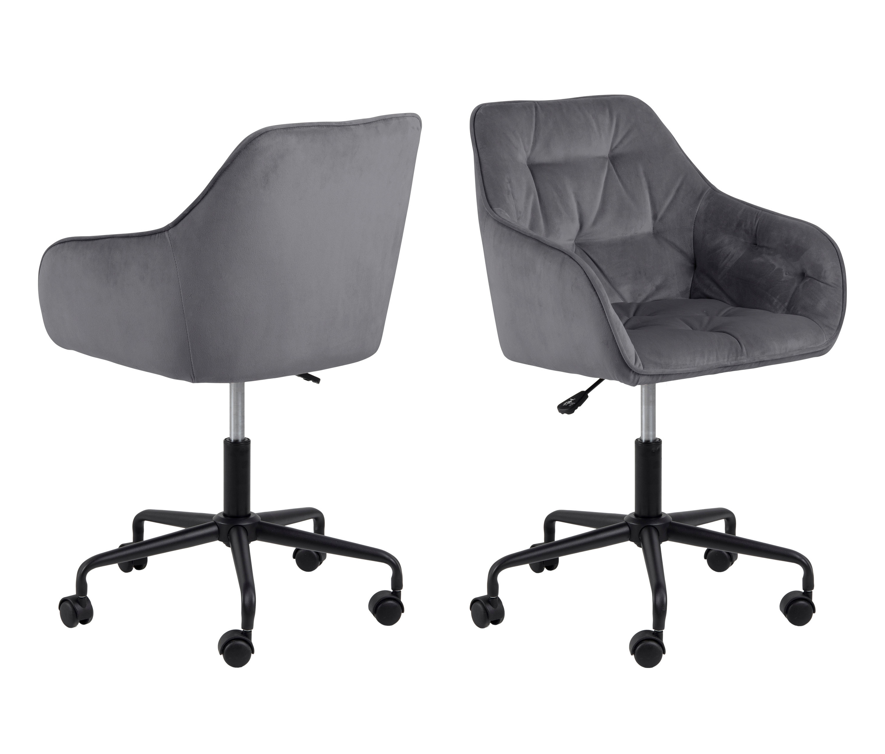 Zwei graue Bürostühle mit schwarzem Fußkreuz auf Rollen.