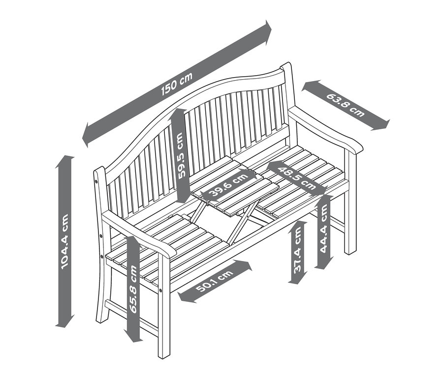 Diagramm zeigt Abmessungen einer Bank mit hochklappbarem Tisch.