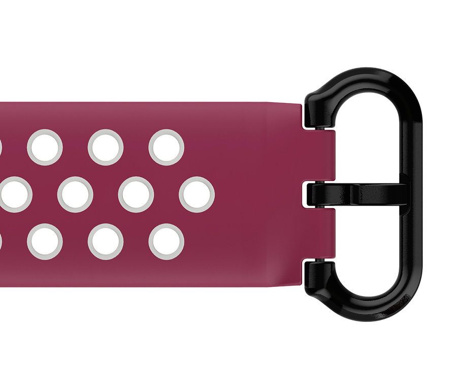 Nahaufnahme eines lila Armbands mit kreisförmigen Löchern und einer schwarzen Schnalle. Fitbit Fortschrittliche Gesundheits-Smartwatch »Sense«, mondweiß, inkl. Zusatzarmband.