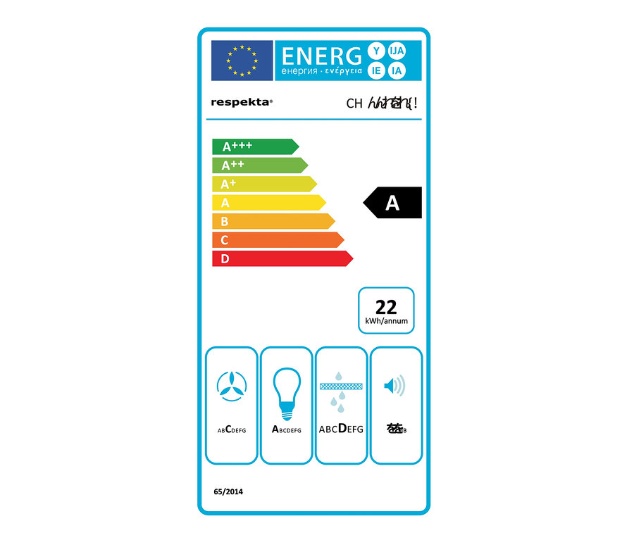 Energielabel mit den Klassen A+++ bis D und der Angabe 22 kWh/annum.