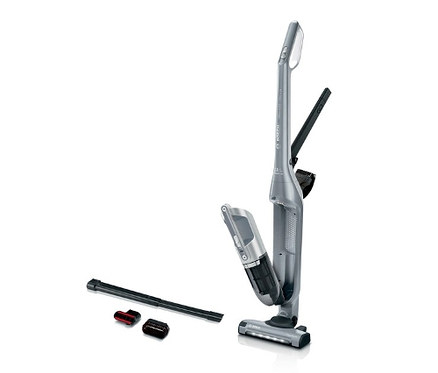 Ein silberner Bosch Flexxo Gen2 BBH3K2801 Akku-Staubsauger mit Zubehör.