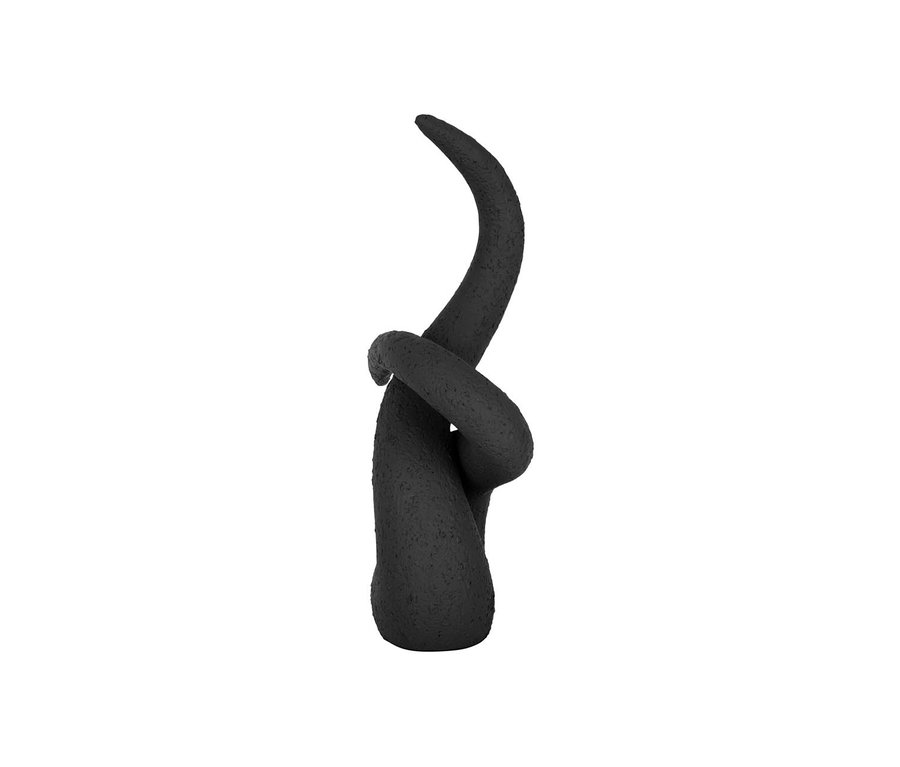 Eine abstrakte, schwarze Statue auf weißem Hintergrund.