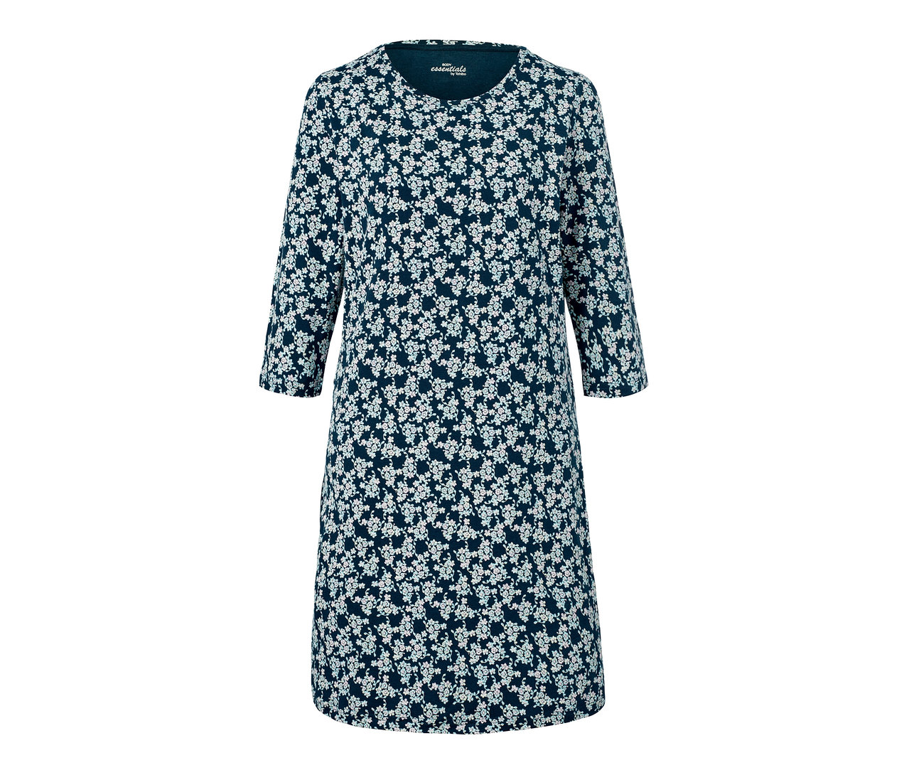 Dunkelblaues Nachthemd mit Dreiviertelärmeln und Blumenmuster.