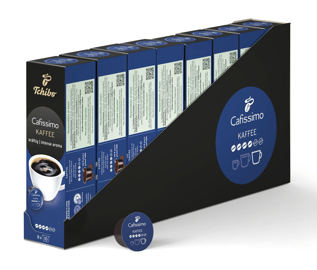 Eine Packung Cafissimo Kaffee kräftig - 80 Kapseln in einer Halterung.