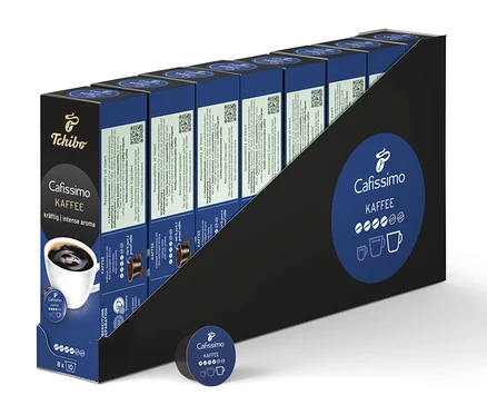 Eine Packung Cafissimo Kaffee kräftig - 80 Kapseln in einer Halterung.