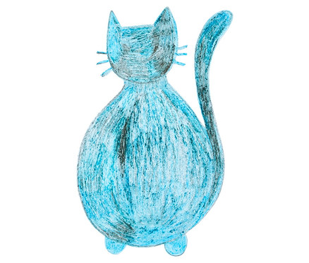 Blaue Zeichnung einer Katze.