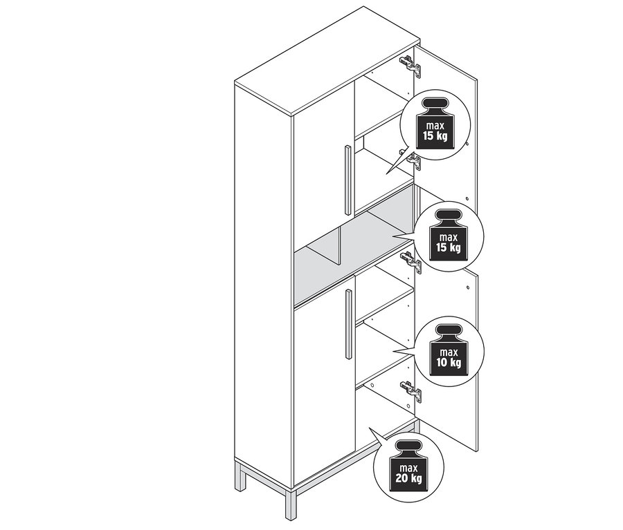Zeichnung eines Bad-Hochschranks »Eklund« mit offenen Türen und Regalböden. Die maximale Belastbarkeit der Regalböden ist angegeben.